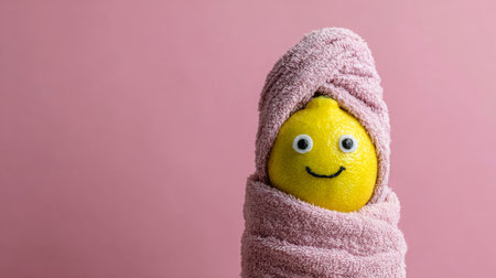 Lemon wearing towel with a happy face, perfect for a cheerful kitchen decor or fun cooking themeの素材