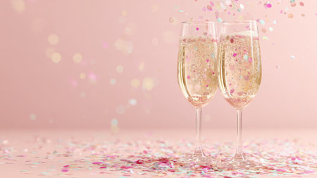 Two champagne glasses celebrate a joyful occasion with colorful confetti in the background on a light pink surfaceの素材