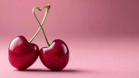 Sweet red cherries shaped like hearts on a soft pink background add a romantic touch to any settingの素材