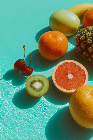 Fresh fruits arranged on a blue pool surface creating a vibrant summer scene with sun reflectionsの素材