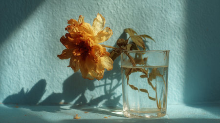Dried flower in a glass of water on a soft blue surface with sunlight casting gentle shadowsの素材