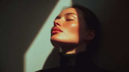 Woman enjoying soft light and shadow in a cozy indoor setting during the afternoonの素材