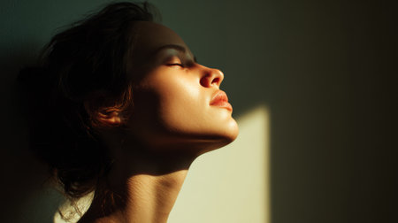 Portrait of a woman enjoying warm sunlight during the afternoonの素材