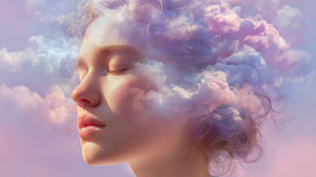 Dreamlike moment with a peaceful young woman surrounded by soft clouds at sunsetの素材