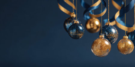 Decorative Christmas ornaments in blue and gold hanging against a dark backgroundの素材