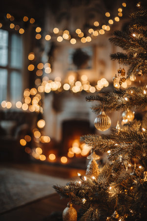 Warm holiday spirit fills cozy room with glowing lights and decorated Christmas tree in Decemberの素材