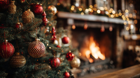 Warm holiday decorations with a Christmas tree and a glowing fireplace in a cozy roomの素材