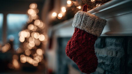 Cozy holiday scene featuring a red stocking by a stone fireplace with a beautifully lit Christmas tree in the backgroundの素材