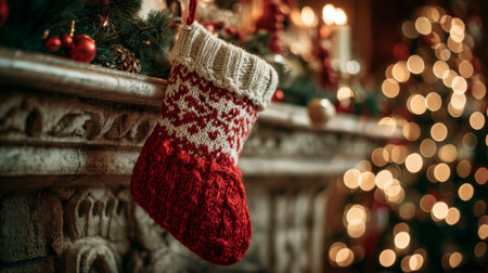 Christmas stocking hangs on a decorated fireplace mantel with twinkling lights and festive ornaments nearbyの素材