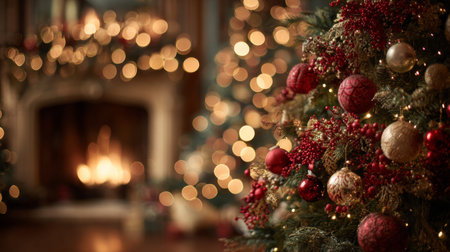 Warm holiday atmosphere with a beautifully decorated Christmas tree and a glowing fireplaceの素材