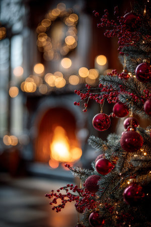 Cozy holiday setting with a decorated Christmas tree and a glowing fireplace in a warm living roomの素材