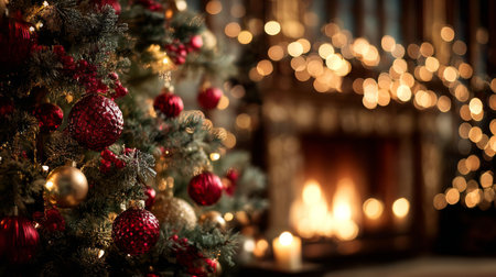 Beautifully decorated Christmas tree with warm fireplace and glowing lights in cozy living room setting during holiday seasonの素材