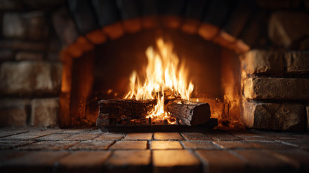 Cozy fireplace with warm flames casting light on stone bricks and wood logs during winter eveningの素材