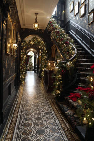 Festive hallway adorned with holiday decorations and lights in an elegant home setting during winter seasonの素材