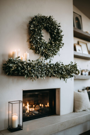 Cozy winter evening with candles and greenery above the fireplace in a modern living roomの素材