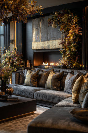 Luxurious living room with elegant decor and a cozy fireplace in a modern home interiorの素材