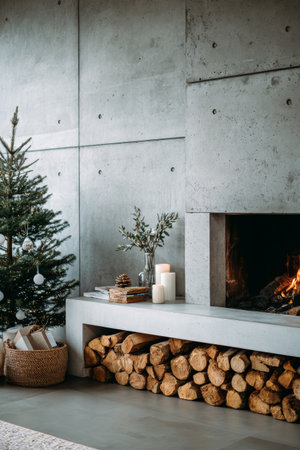 Cozy holiday scene with a Christmas tree and a warm fireplace in a modern living roomの素材