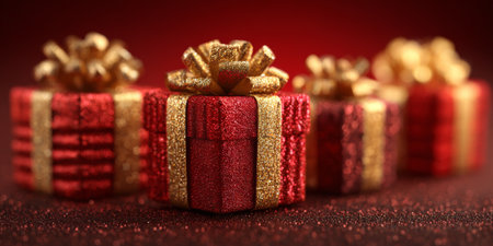 Sparkling red and gold presents arranged on a festive background for a joyful celebrationの素材