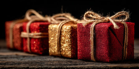 Colorful gift boxes wrapped in ribbon on a rustic wooden table create a festive atmosphere for celebrationsの素材