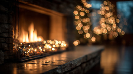 Cozy fireplace with glowing flames and festive lights in a comfortable living room during winter eveningの素材