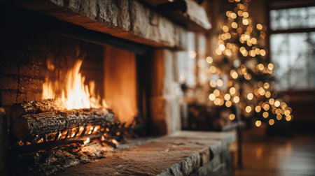 Cozy fireplace with crackling fire and beautifully lit Christmas tree in a warm living room during winter nightsの素材