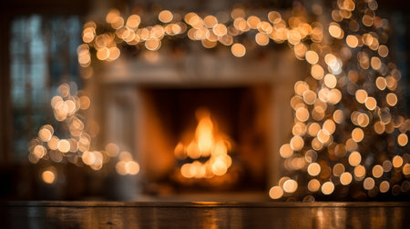 Cozy evening by the fireplace with glowing lights and a festive tree in a warm living room settingの素材