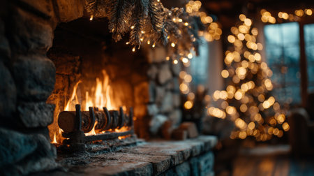 Cozy fireplace with warm glow and festive decorations in a rustic living roomの素材