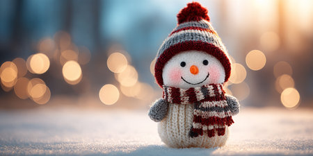 Winter snowman wearing a cozy hat and scarf smiles against a backdrop of soft evening lightsの素材