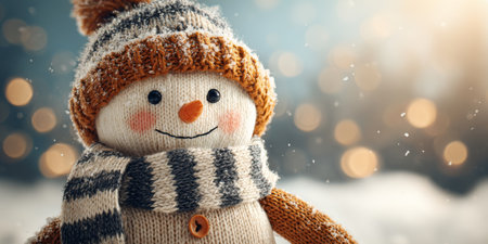 Snowman wearing a cozy hat and scarf stands in a winter landscape with soft snowfall and warm lightsの素材
