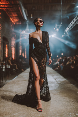 Model showcases elegant black lace gown on runway during fashion event in stylish urban venueの素材