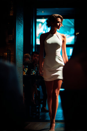 Model showcasing fashion in a stylish venue during nighttime eventの素材