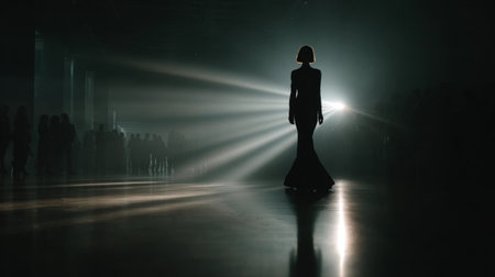 Fashion model walks confidently down the runway under dramatic lighting during a nighttime event in a large venueの素材
