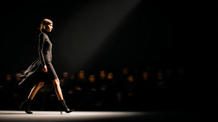 Model walks confidently down the runway during a fashion show in an elegant black dressの素材