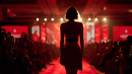 Model walks down red runway during fashion show at evening event with vibrant lighting and eager audienceの素材