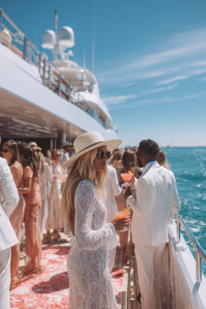 Stylish summer party on a luxury yacht with elegant guests enjoying drinksの素材