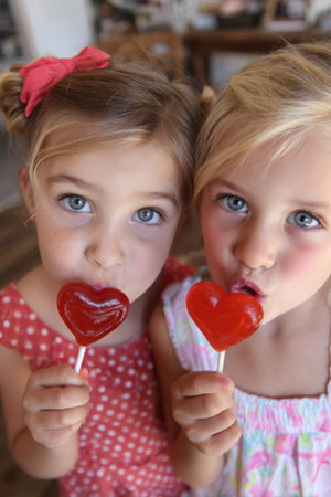 Two girls hold heart-shaped lollipops and smile joyfully in a charming candy store on a bright dayの素材