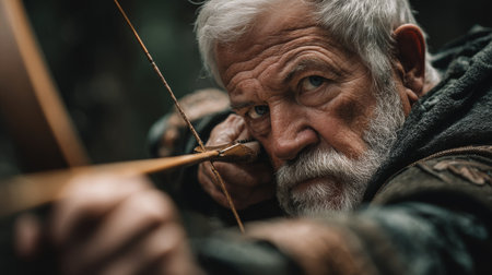 Elderly archer aiming with bow in a forest during early morning lightの素材