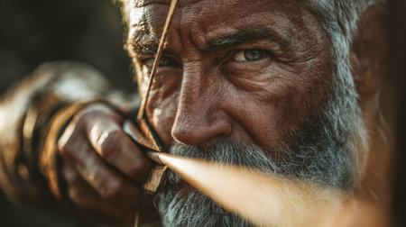 Elderly archer focusing intently on a target in a serene outdoor setting at duskの素材