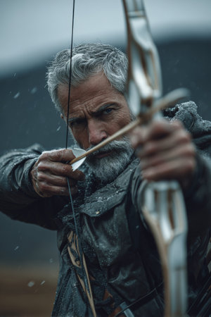 Experienced archer aiming with a bow in a snowy outdoor setting during a cold dayの素材