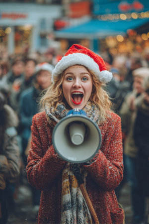 Joyful woman in Santa hat enthusiastically addresses crowd at festive outdoor gathering during winter holiday seasonの素材