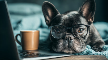 French bulldog wearing glasses relaxing by a laptop with a coffee cup nearby in a cozy settingの素材