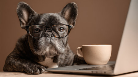 French bulldog wearing glasses sits at a desk with a laptop and a cup of coffee in a cozy indoor settingの素材