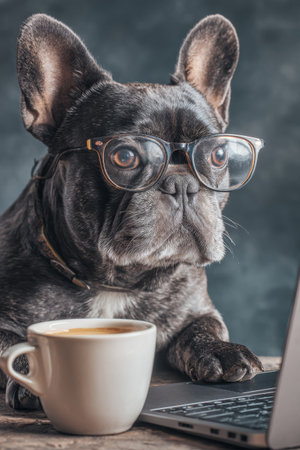 French Bulldog in glasses working on a laptop with a cup of coffee nearby during morning hoursの素材