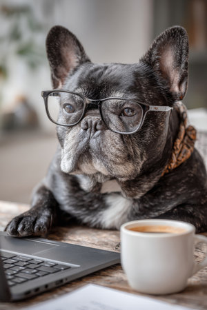 French bulldog wearing glasses works on a laptop with a coffee cup nearby in a cozy settingの素材