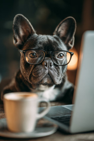 French bulldog wearing glasses sitting at a table with a laptop and coffee cup in a cozy settingの素材