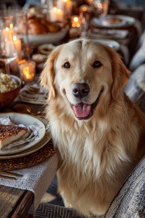 Golden retriever smiling happily at a beautifully set dinner table during a festive gatheringの素材
