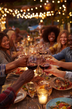 Friends celebrate together with wine and delicious food at a warm, cozy outdoor gathering under string lightsの素材