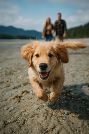 Golden retriever puppy joyfully runs on sandy beach while couple walks in the background under a clear skyの素材