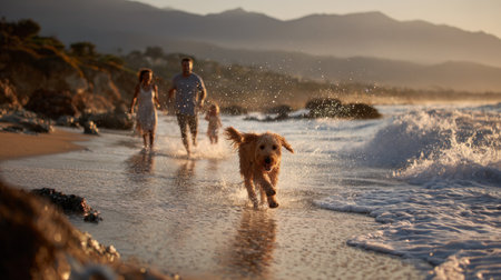 Golden retriever runs joyfully on the beach while family walks together at sunsetの素材