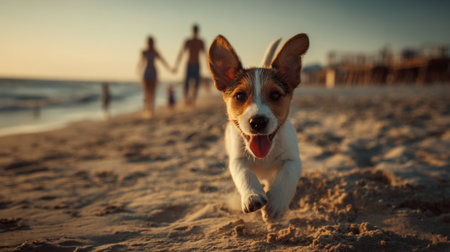 Happy puppy runs along the beach while people stroll in the sunset glowの素材